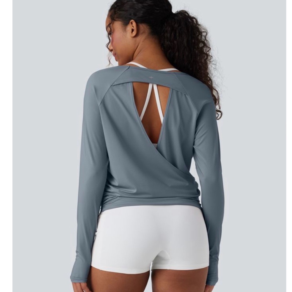 Women's Long Sleeve Open Back Top - seafoam